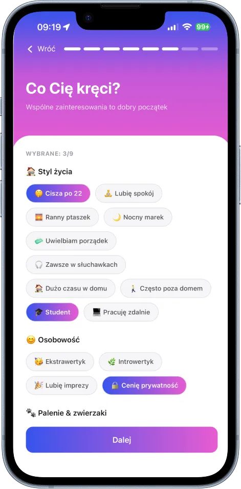 Ekran aplikacji RentFriends z preferencjami stylu życia najemcy