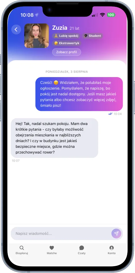 Ekran czatu w aplikacji RentFriends z rozmową z kandydatem na najemcę