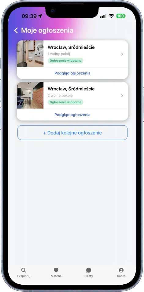 Ekran „Moje ogłoszenia” w aplikacji RentFriends